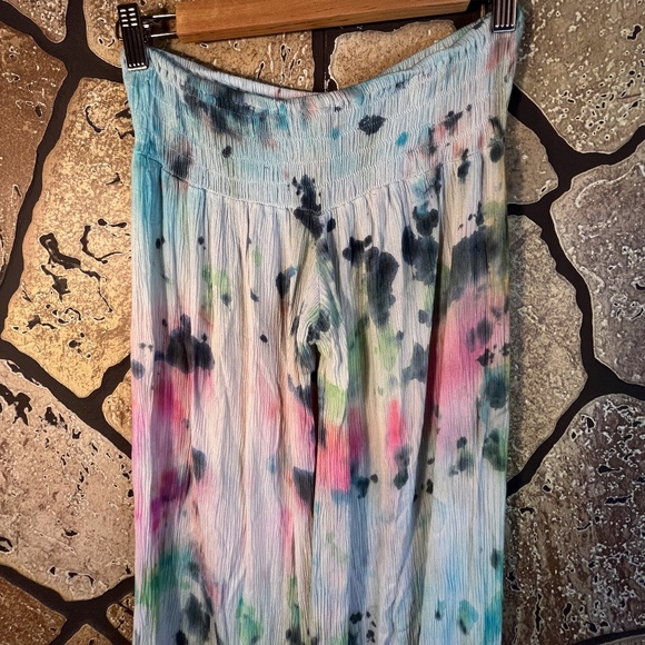 Hand Tie Dye cotton smocked textured soft beach pants wide leg 1 of a kind - Picture 2 of 9